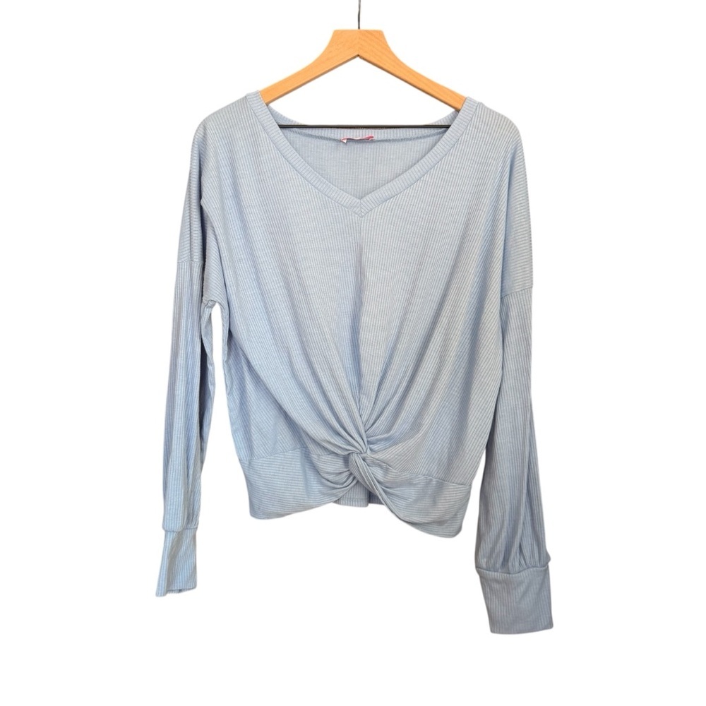 Pink Lily Sky Blue Ribbed Knit Top